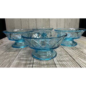 Vtg Pedestal Dessert Bowls 4.5" DIA Bryce Style Diamond Pattern Aqua Blue Set 4